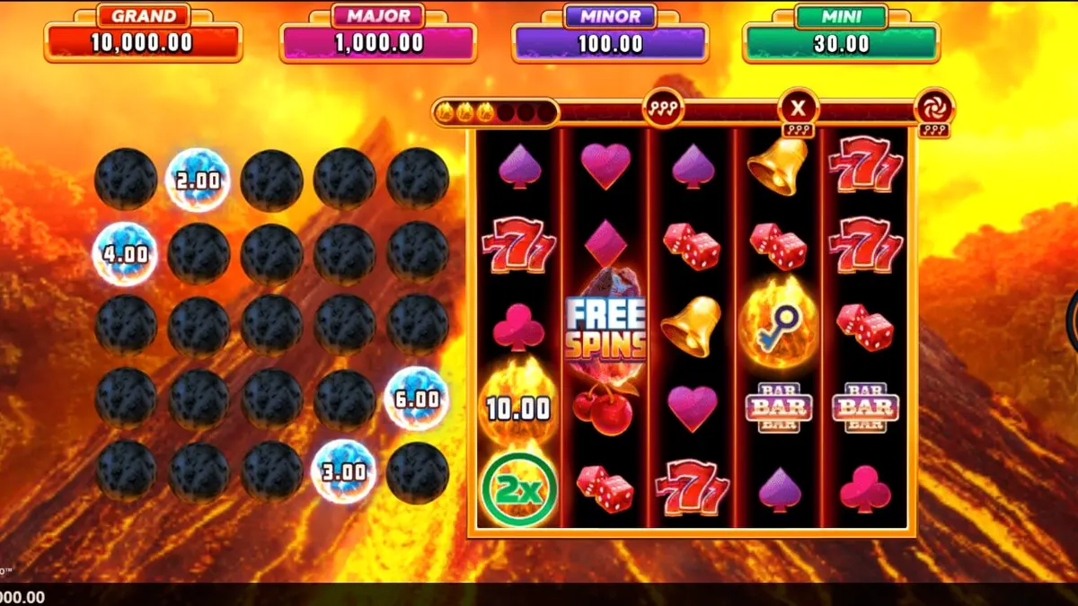 Tampilan visual slot Eruption Blaze Cashingo dengan tema gunung berapi dan koin emas