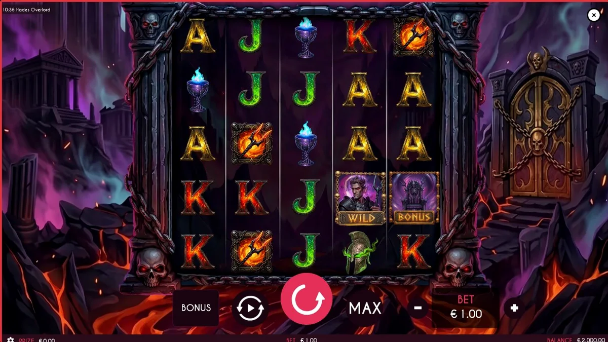 Tampilan visual slot Hades Overlord dengan tema mitologi Yunani yang gelap dan api neraka